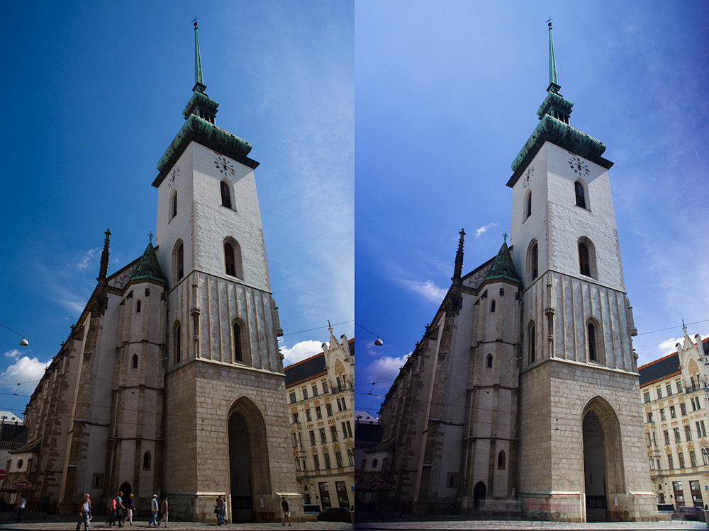Eine Kirche, aufgenommen mit einem Polarisationsfilter (links) und mit zwei (rechts), wobei die vorbeigehenden Leute schon bei einer 2-Sekunden-Belichtung stark verwischt waren. Canon 5D Mark III, Canon EF 24-70/2.8, 1/20 s links und 2 s rechts, F16, ISO 100, Brennweite 25 mm