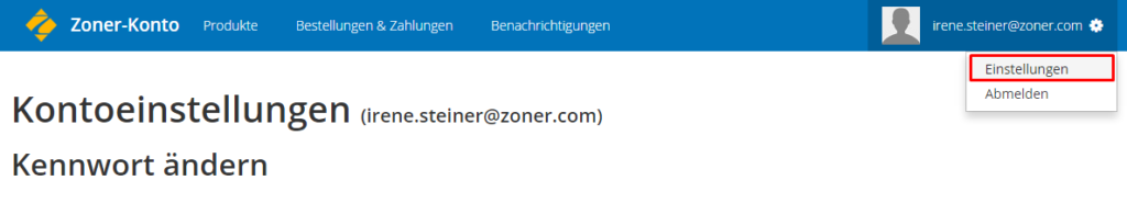 Zu den Einstellungen gelangen Sie nach einem Klick auf Ihre Email oben rechts.