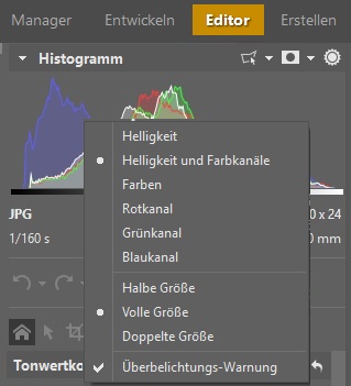 Klicken Sie mit der rechten Maustaste auf das Histogramm – jetzt wird Ihnen eine Auswahl angeboten, welche Histogramme Sie anzeigen möchten.