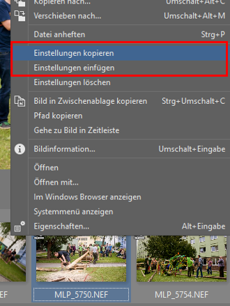 Kopieren Sie die Bearbeitungseinstellungen und fügen Sie sie bei der Bildserie ein.