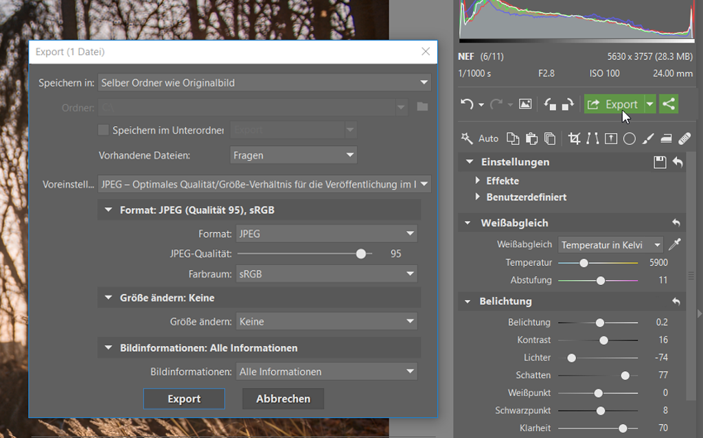 Wie bearbeitet man Fotos im RAW-Format: Speichern Sie das Endergebnis im JPEG-Format mithilfe des Export-Buttons ab.