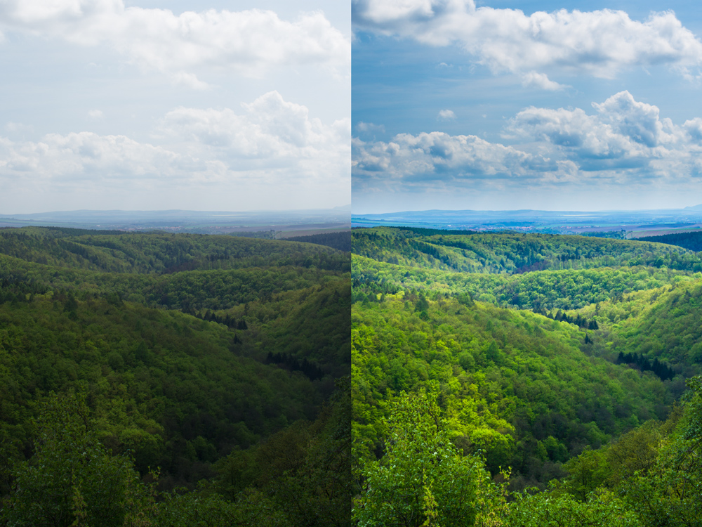 Bearbeitetes und „rohes“ Foto der Frühlingshügel. Canon 7D, Sigma 30/1.4, 1/60 s, F9, ISO 100, Brennweite 30mm