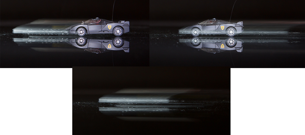 Beispiel von Synchronisation mit erstem und zweitem Verschlussvorhang. Das Auto hat sich stets nach vorne bewegt, die Belichtungszeit betrug 1/4 Sekunden. Wird der Blitz am Beginn der Aufnahme entladen (links), kommt es zu einem unschönen Schleier. Damit er schön „richtig“ hinter dem Auto zu sehen ist, muss man die Synchronisation mit dem zweiten Verschlussvorhang einstellen (rechts). Unten noch vergleichshalber die Aufnahme komplett ohne Blitz. Canon 5D Mark III, Canon EF 24-70/2.8, 0,25 s, F5,6, ISO 800, Brennweite 42 mm