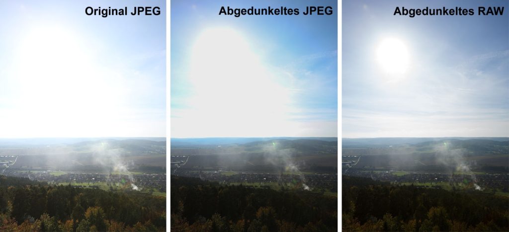 Das identische Foto in zwei Dateien – JPEG und RAW – beide durch selbiges Abdrücken erstellt. Versucht man den Himmel im JPEG abzudunkeln (hier konkret um cca. 1,39 EV), bekommt man als Ergebnis nur eine einfarbige Fläche. RAW erlaubt uns, in größerem Maße abzudunkeln, auch wenn man hier später ebenfalls an Grenzen stößt. Canon 5D Mark III, Canon EF 16-35/2,8 II, 1/125 s, F8,0, ISO 160, Brennweite 27 mm