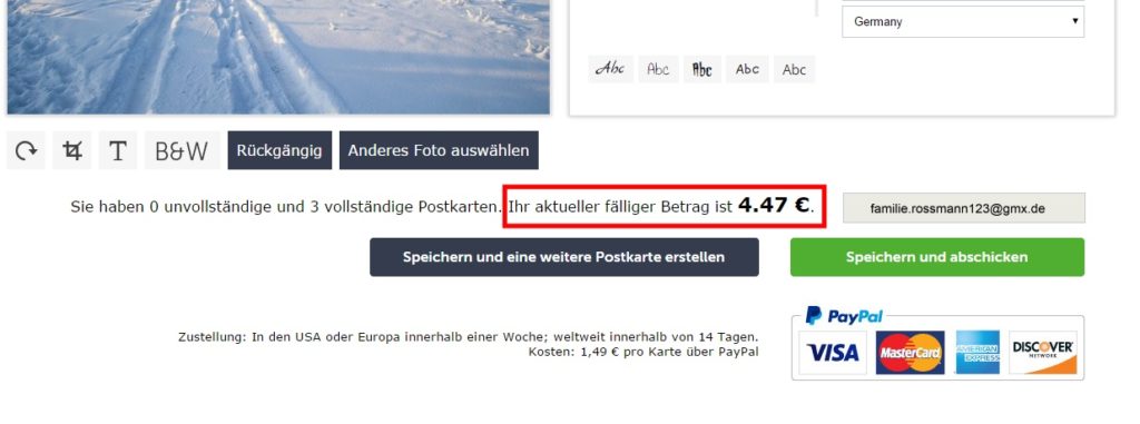 Gesamtpreis aller Postkarten.