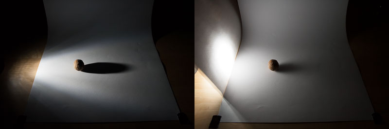 Harter Schatten einer Fahrradlampe versus weicher Schatten, der durch Hinhalten eines einfachen Büropapiers entsteht. Die Belichtungszeit verändert sich von 1/20 Sekunde auf 1/2 Sekunde.