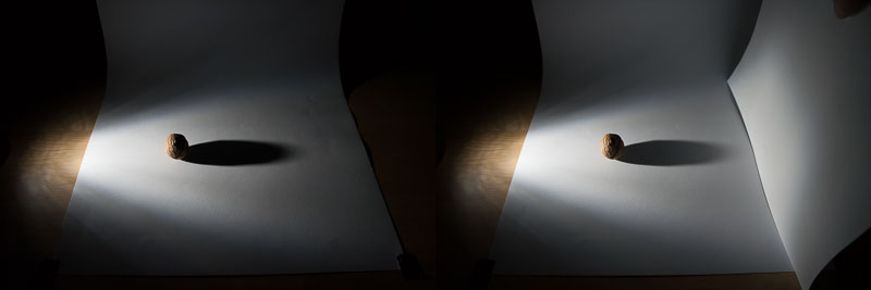 Das Reflexpapier, dessen Wirkung allerdings nur auf den nächstgelegenen Szenenteilen zu sehen ist. Hier würde wiederum helfen, die Lichtquelle ein wenig zu entfernen, damit die Lichtabnahme sanfter verläuft.