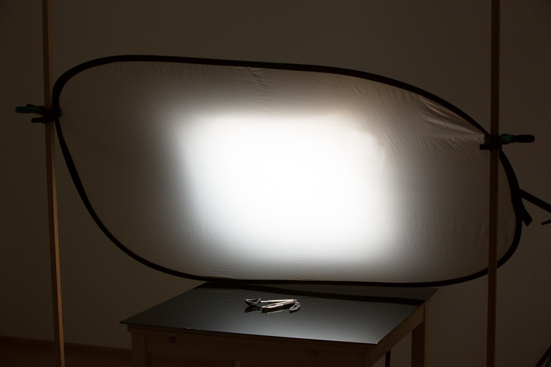 Das hintere Softboxlicht wird auf den Rändern mittels einer transparenten (ansonsten reflektierenden) gestreut. Um dies zu verdeutlichen, wurde die Umgebung im Gegensatz zur tatsächlichen Aufnahmesituation stark aufgehellt.