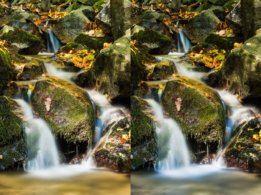 Das Originalbild links wurde selektiv abgedunkelt, damit das Wasser heraussticht. Canon 5D Mark III, Canon EF 70-200/2.8 II, 30 s, f/20, ISO 100, Brennweite 88 mm