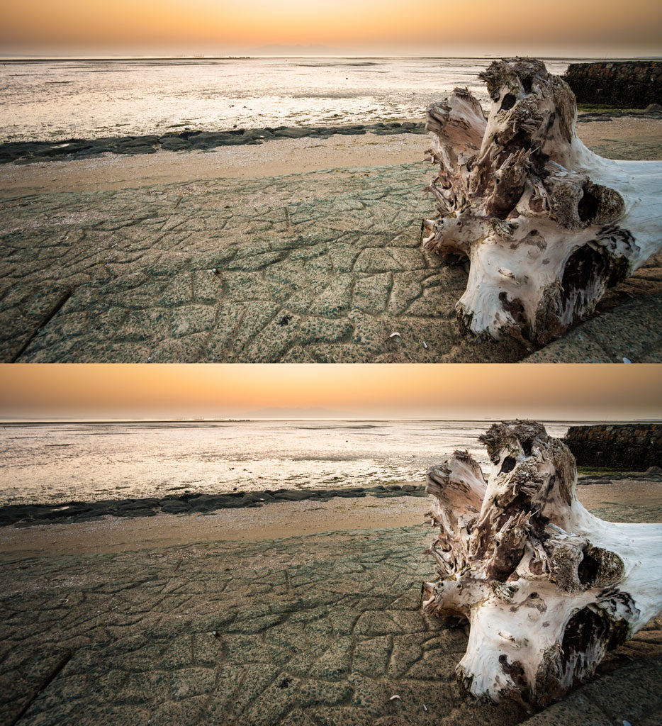 Gegenüber dem Originalbild (links) wurde der Sand abgedunkelt und der Baum aufgehellt. Canon 40D, Canon EF-S 10-22/3.5-4.5, 1/13 s, f/5,6, ISO 200, Brennweite 10 mm