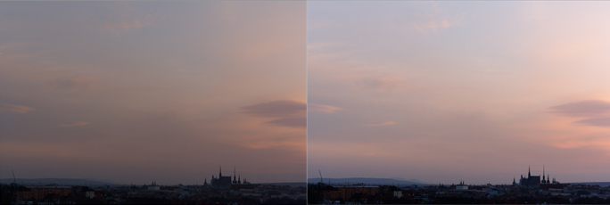 Vor und nach der Fotobearbeitung. Belichtung (1.0), Kontrast (30), Lichter (-50), Schatten (-40) und Weißpunkt (35).