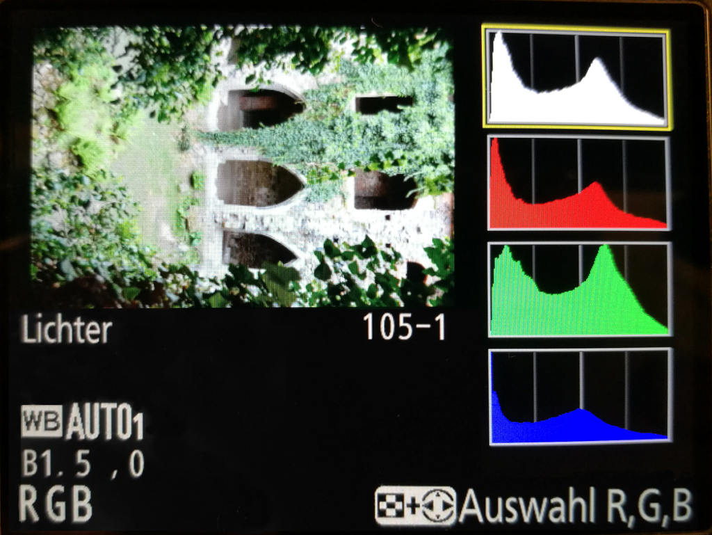 Anzeige des RGB Histogramms zusammen mit dem Helligkeitshistogramm sowie der Anzeige Lichter – eine Möglichkeit, wie Sie das Histogramm auf den einer Nikon-Kamera anzeigen können. Der grüne Balken ist am stärksten vertreten, weil die Farbe Grün am meisten vertreten ist. Trotzdem ist kein Bereich überbelichtet.