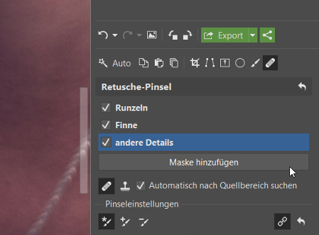 Teilen Sie einzelne Retuschearbeiten in mehrere Masken auf.