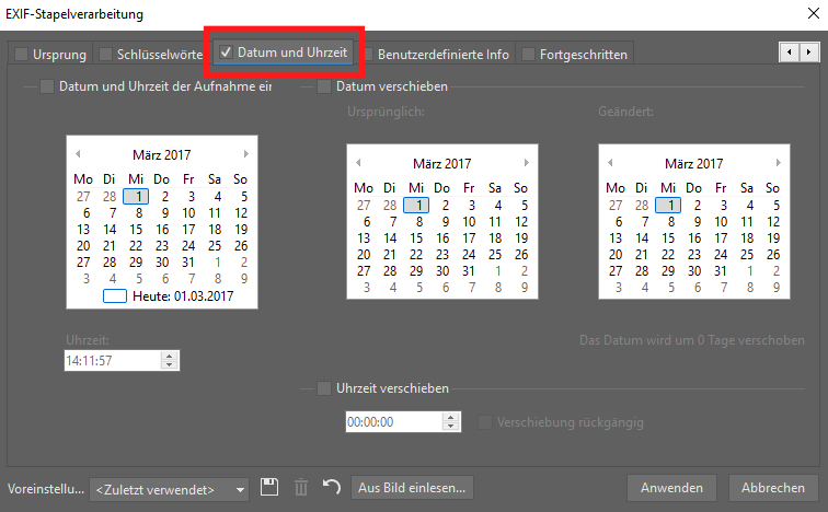 Aktivieren Sie die Leiste Datum und Uhrzeit mit dem Setzen eines Häkchens.