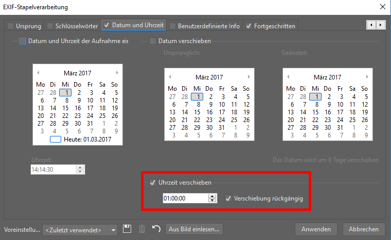 Aufnahmedatum und Uhrzeit ändern.