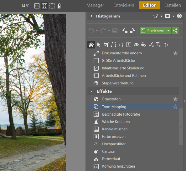 HDR: Probieren Sie die das Tool Tone Mapping im Modul Editor aus.