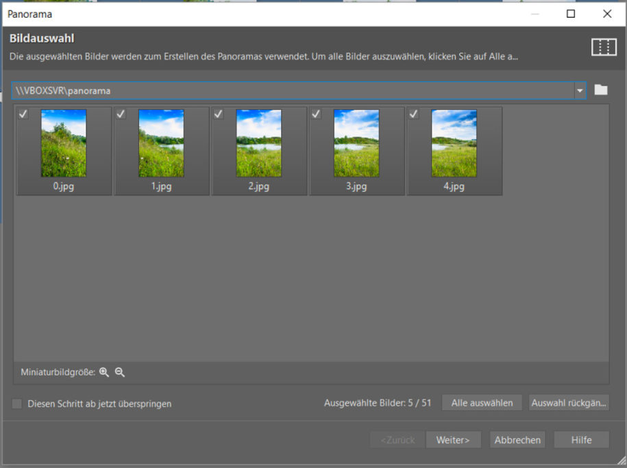 Erfahren Sie, wie man ein Panoramafoto erstellt: Jetzt öffnet sich ein neues Dialogfenster, wo Sie erneut nach der Auswahl der Fotos gefragt werden.