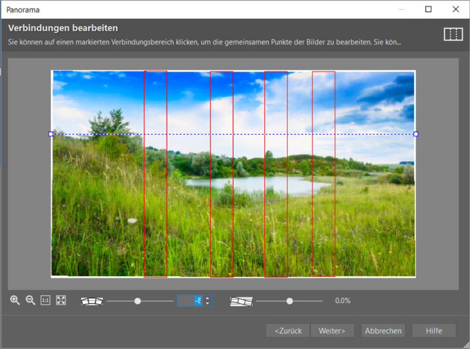 Erfahren Sie, wie man ein Panoramafoto erstellt: Im nächsten Schritt können Sie noch die Verbindung zwischen den einzelnen Fotos bearbeiten.