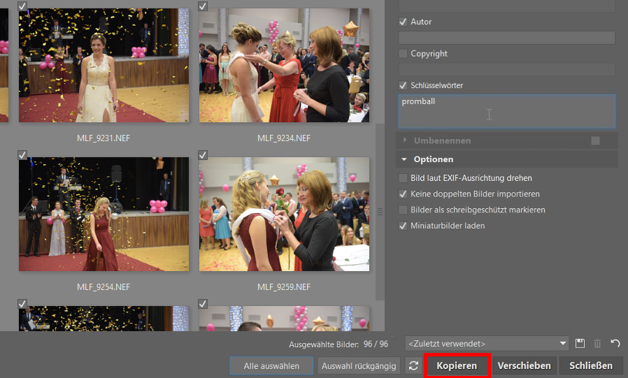Wie man seine Fotos auf den Computer lädt: Klicken Sie auf Kopieren und schon beginnt der Bildimport.