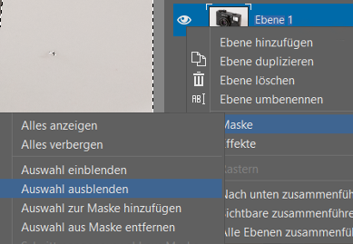 Produkte ausschneiden und auf einen anderen Hintergrund übertragen: Auswahl ausblenden unter Ebene > Maske.