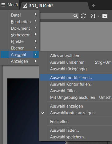 Produkte ausschneiden und auf einen anderen Hintergrund übertragen: Auswahl modifizieren im Hauptmenü.