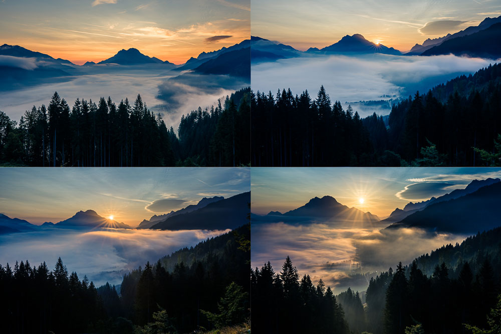 Wie man bei Nebel fotografiert: Der Sonnenaufgang über dem benebelten Tal.