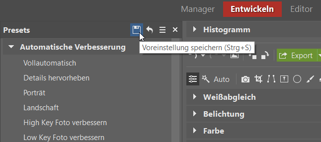 Presets: die Speicherung eigener Presets.