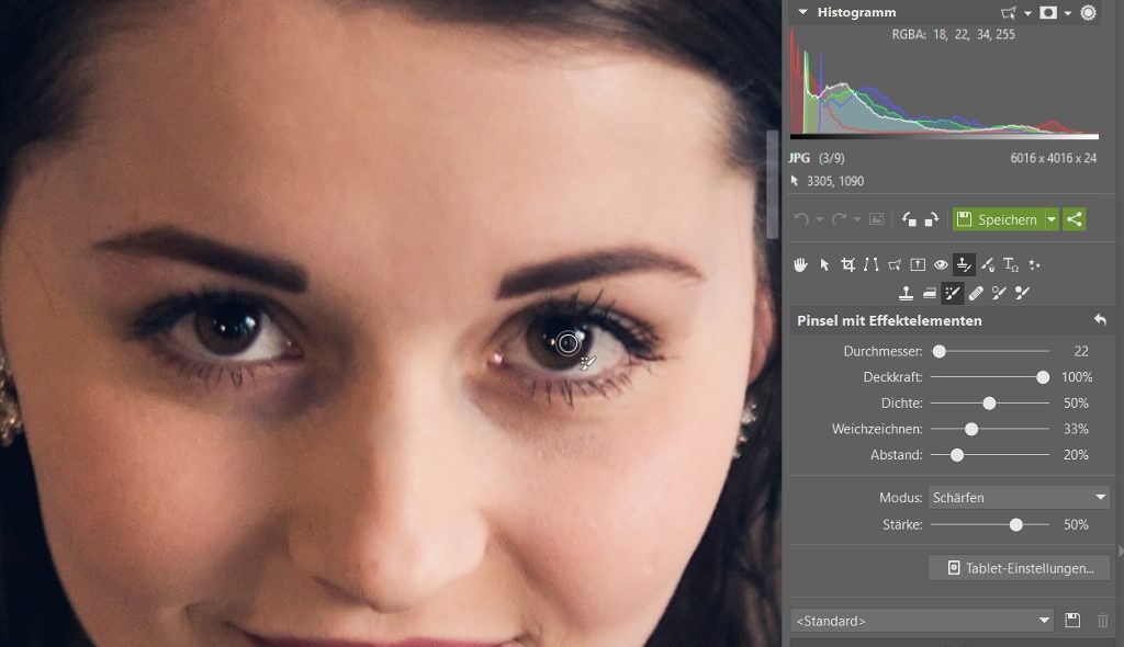 Wie schärft man Fotos: Lokales Schärfen im Modul Editor.