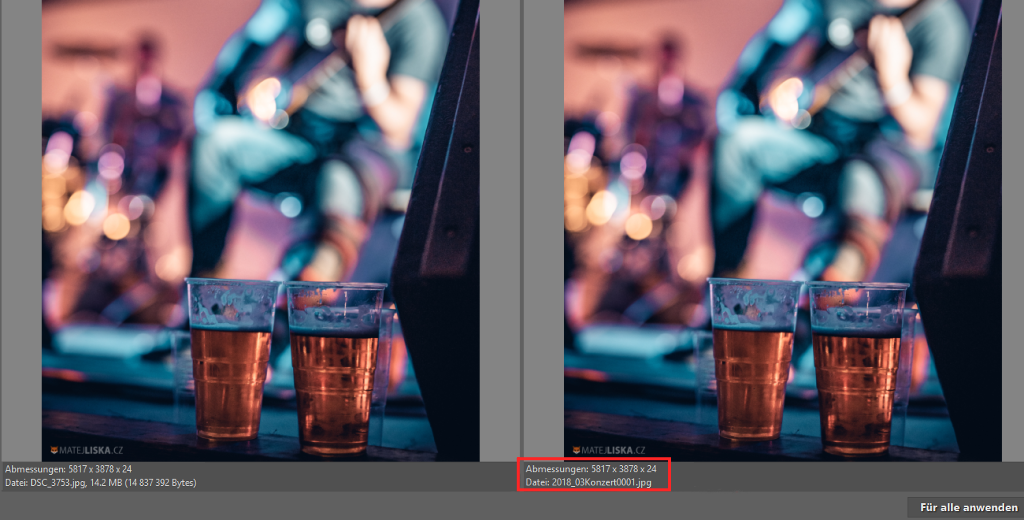 Stapelverarbeitung Umbenennen: Vor der Bestätigung können Sie das Ergebnis der Namensbezeichnung des Fotos kontrollieren.