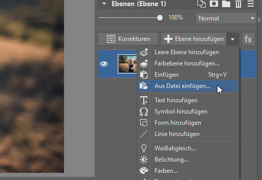 Wie man ein Foto in ein anderes Bild einfügt: aus Datei einfügen.