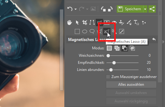 Wie man ein Foto in ein anderes Bild einfügt: Wählen Sie das gewünschte Objekt mithilfe des magnetischen Lassos aus.