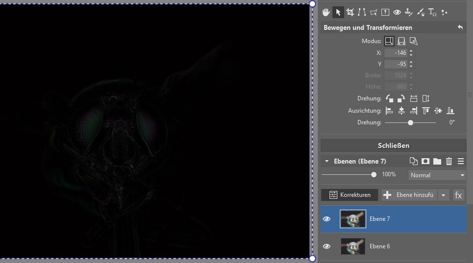 Focus Stacking: Je besser die Aufeinanderfolge der Ebenen ist, desto mehr schwarze Bildbereiche werden Sie auf der Ebene sehen.