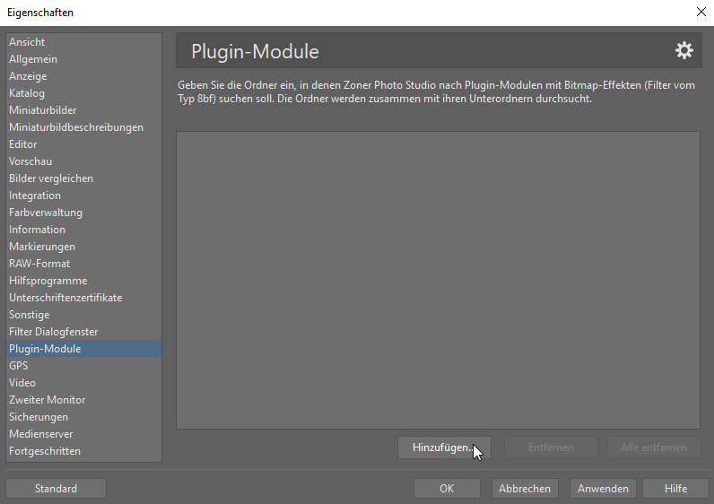 Verbessern Sie Zoner Studio mit Plugins - hinzufugen
