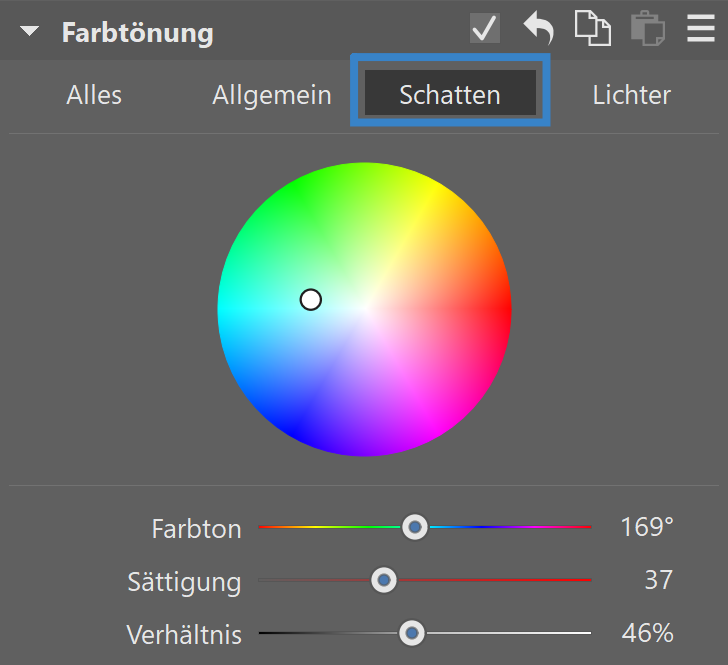 Auf den weiteren Registerkarten - Gesamt, Schatten und Lichter - können Sie den Farbton und die Sättigung der Farbe im jeweiligen Teil des Fotos mithilfe der Schieberegler anpassen, indem Sie nicht nur den Punkt entlang des Farbkreises verschieben.