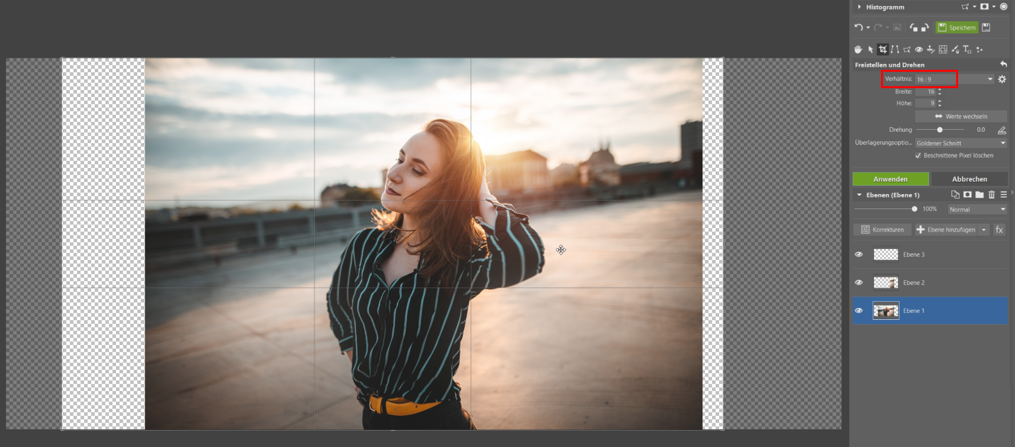Erweitern Sie Ihr Foto ins Breitformat. Im Editor ist dies ohne Zuschnitt und Verluste möglich