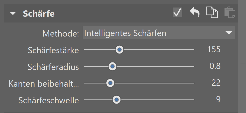 Verwenden Sie die Werkzeuge unter Schärfe, um die Kanten zu schärfen und eventuelle Unschärfen zu maskieren, die nach der Rauschreduzierung entstanden sind.