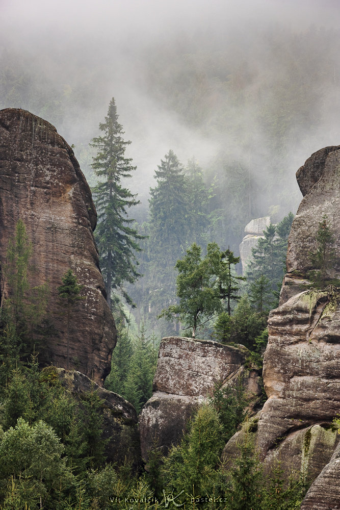 Landschaft mit Felsen im Nebel