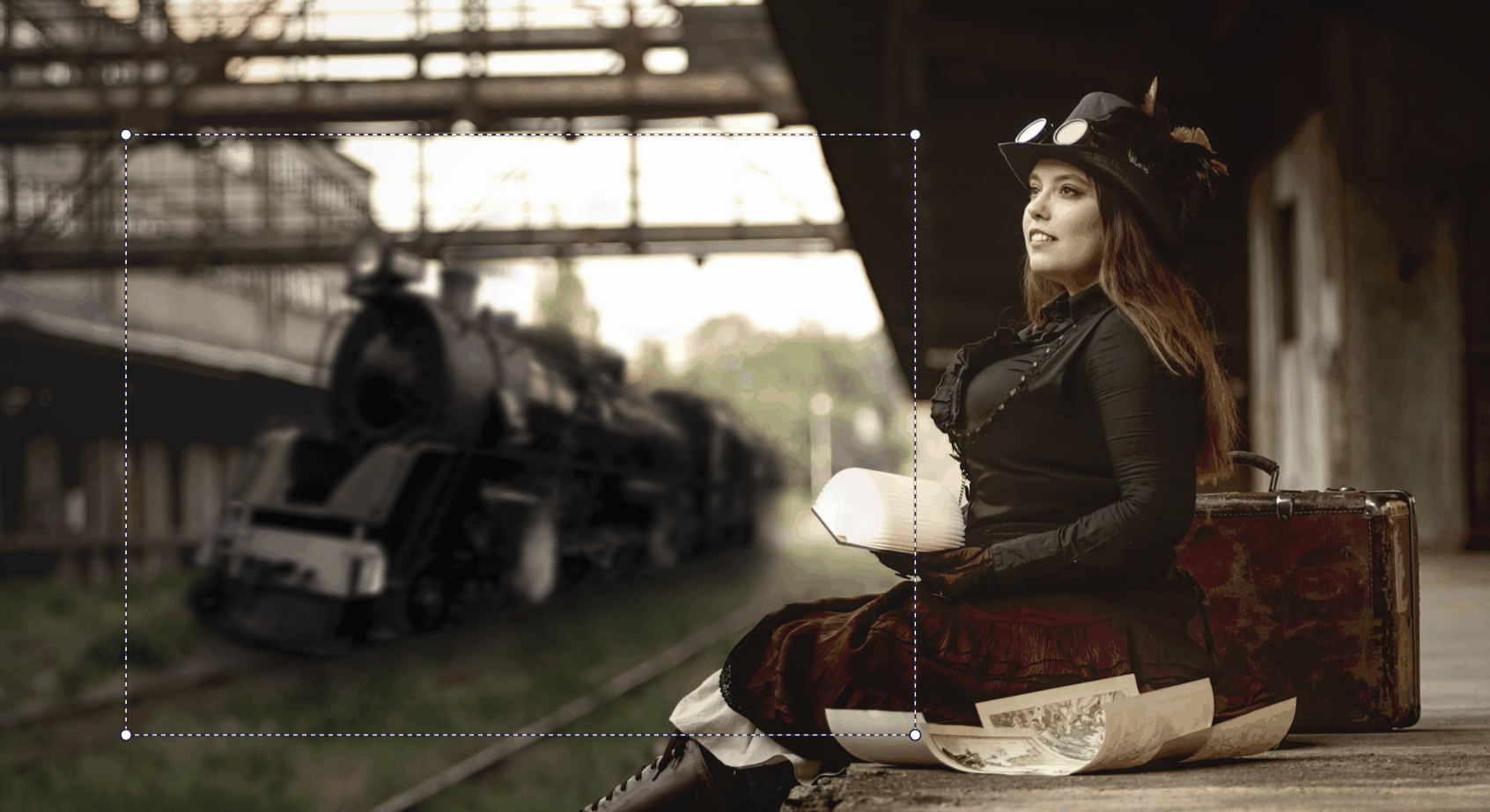 Fotomontage eines verlassenen Bahnhofs
