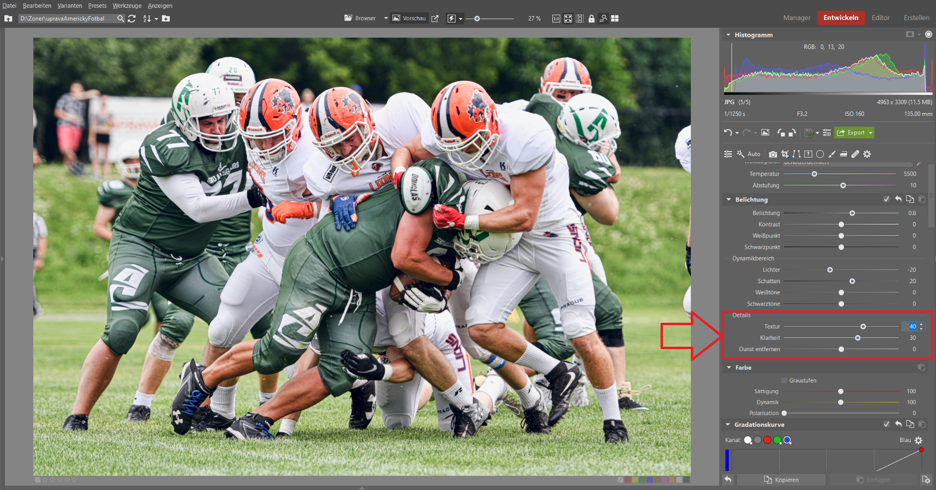 Sportfotos im Modul Entwickeln