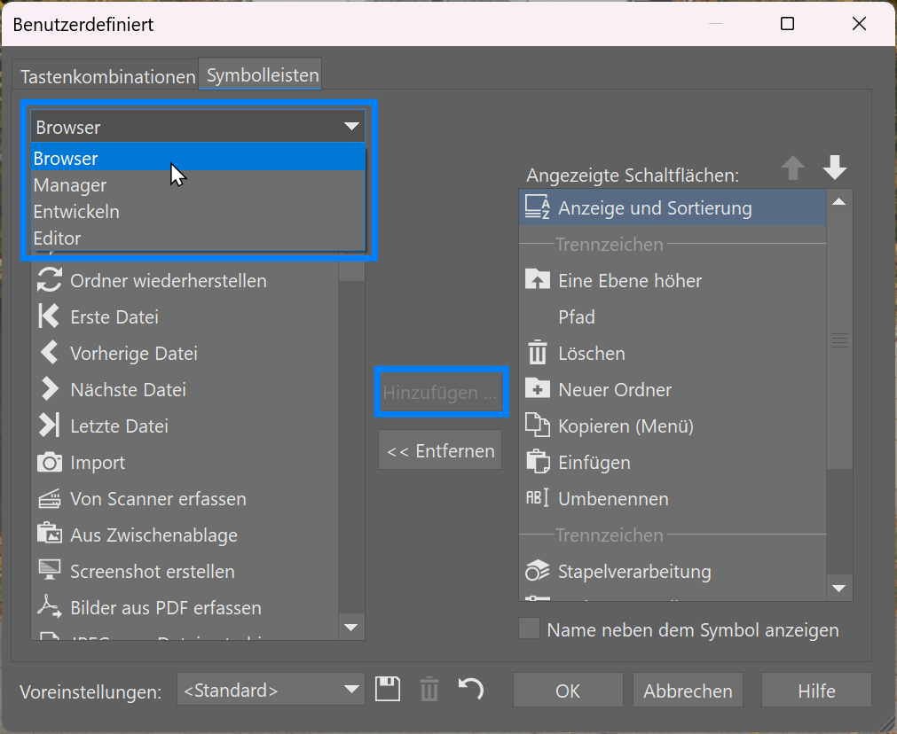Zoner Studio personalisieren, benutzerdefiniert browser.