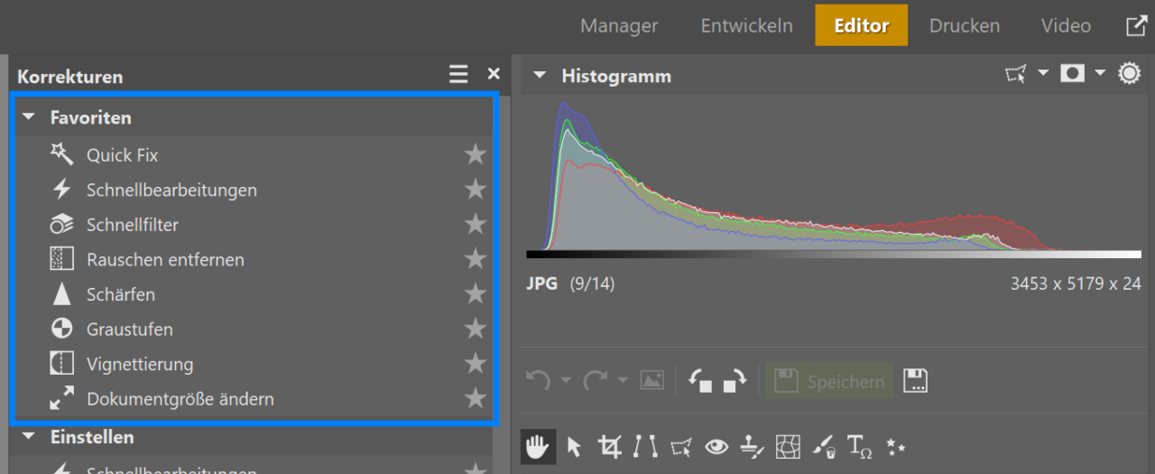 Zoner Photo Studio personalisieren, editor favorite