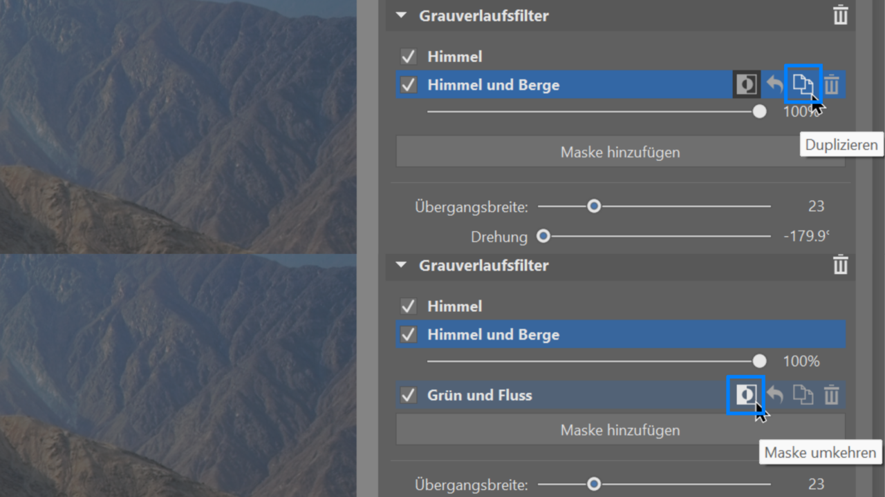 Landschaftsfotos Lokale Anpassungen, duplizieren und maske umkehren