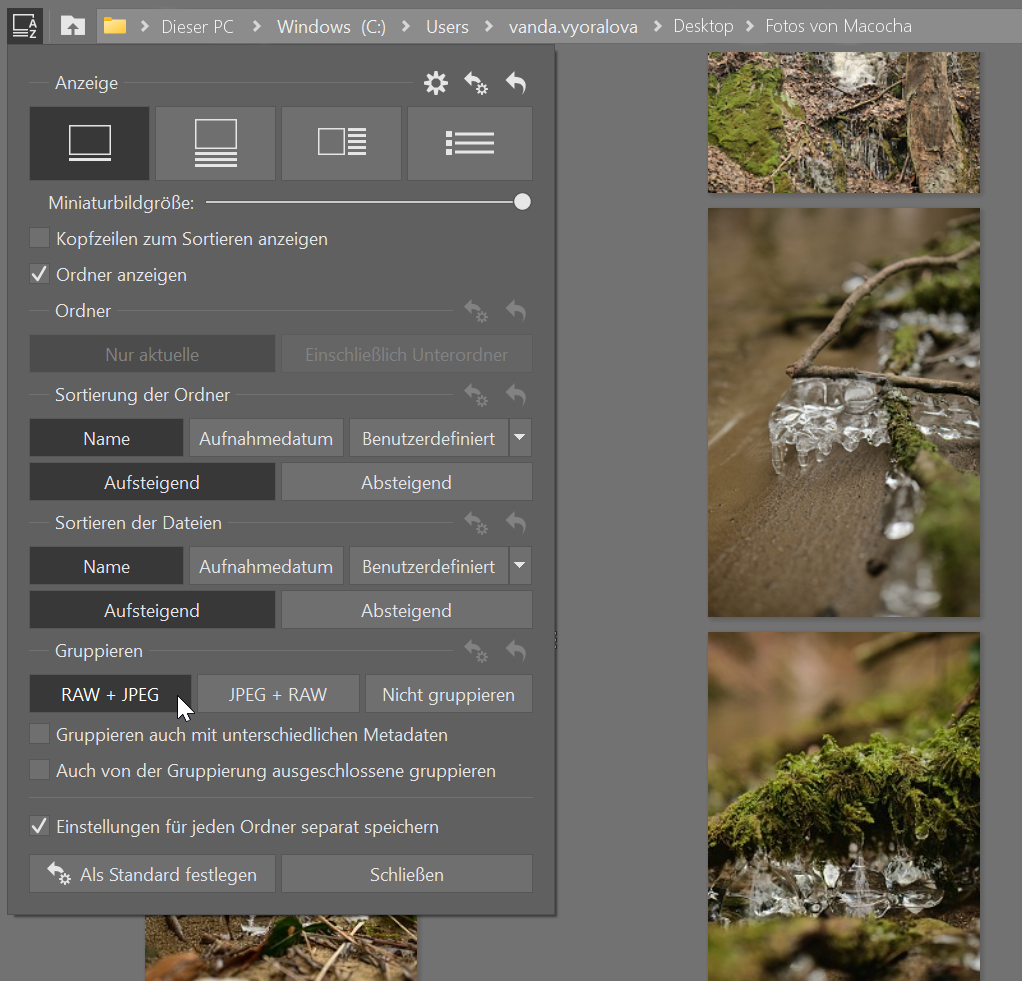 Duo RAW + JPG, gruppieren
