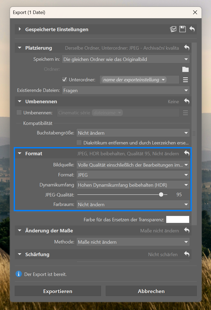 HDR für Web und Druck, export