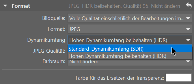 HDR-Fotos für Web und Druck, sdr export