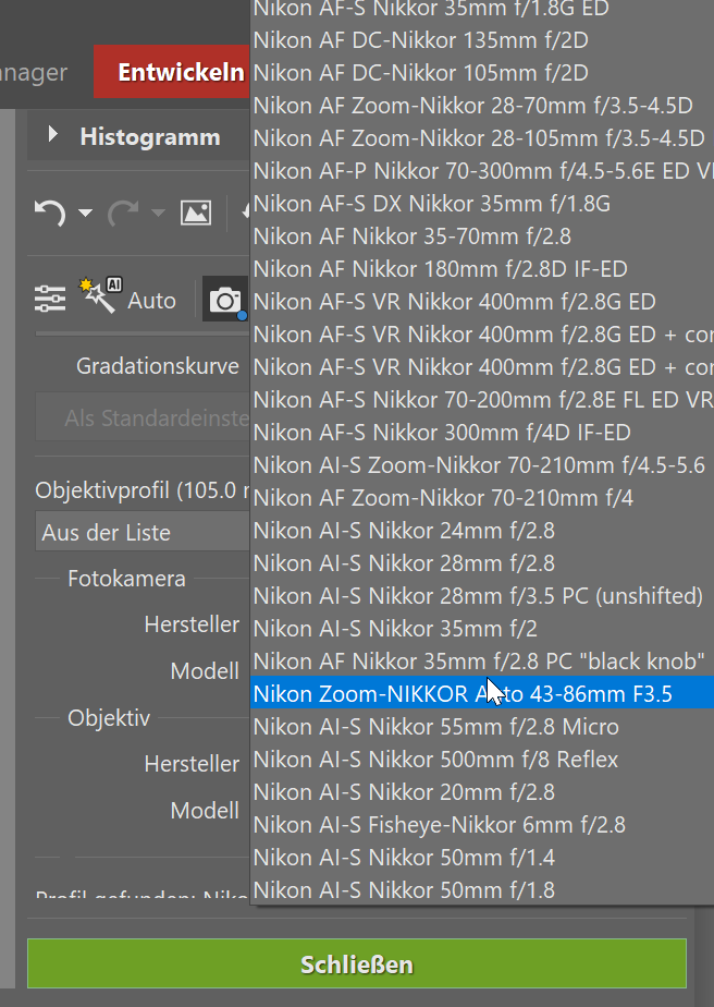 Objektivprofile verwendet, aus der liste