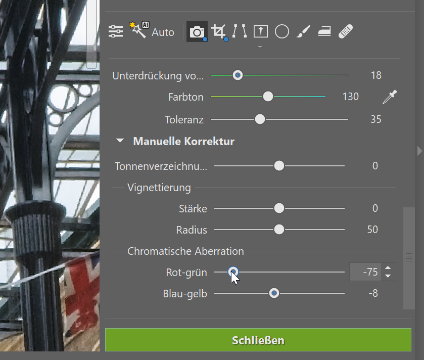 Objektivprofile verwendet, manuelle korrektur
