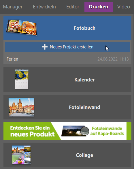 Fotobuch, neues projekt erstellen
