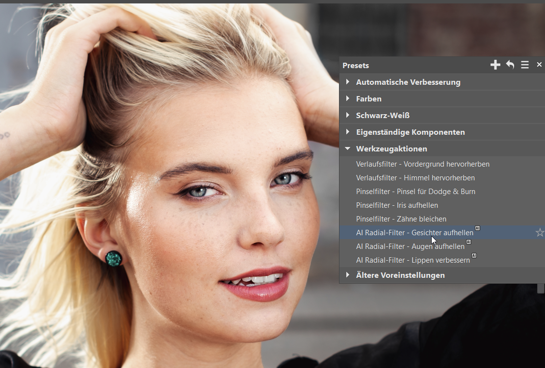 Verbessern Sie Porträts mit AI, preset auswahl