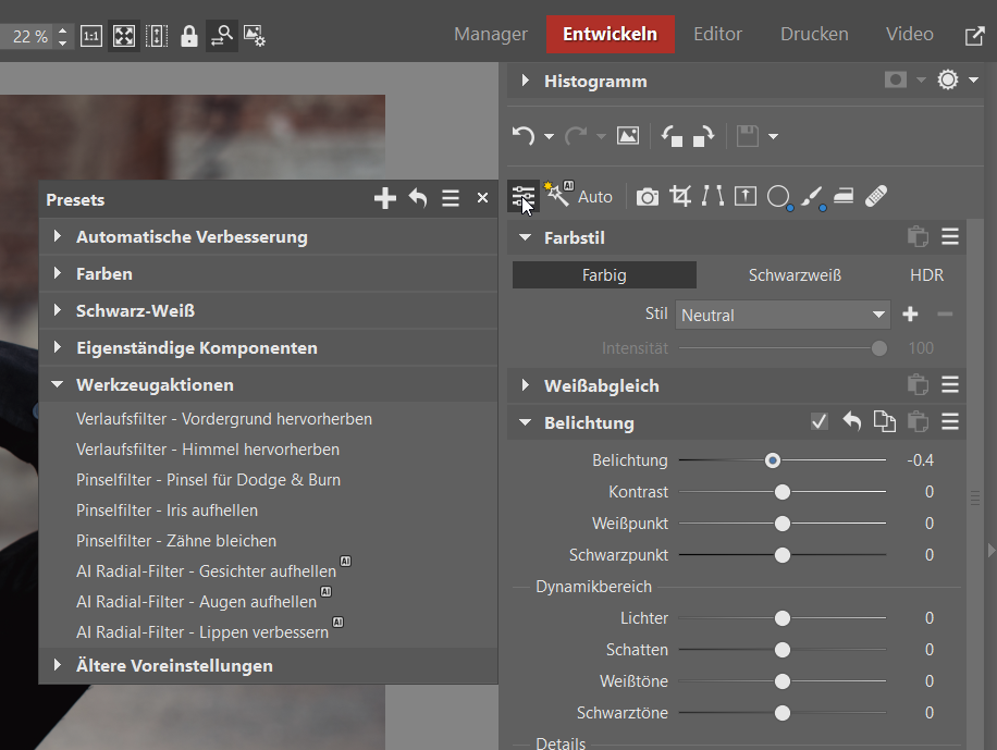 Verbessern Sie Porträts mit AI, presets